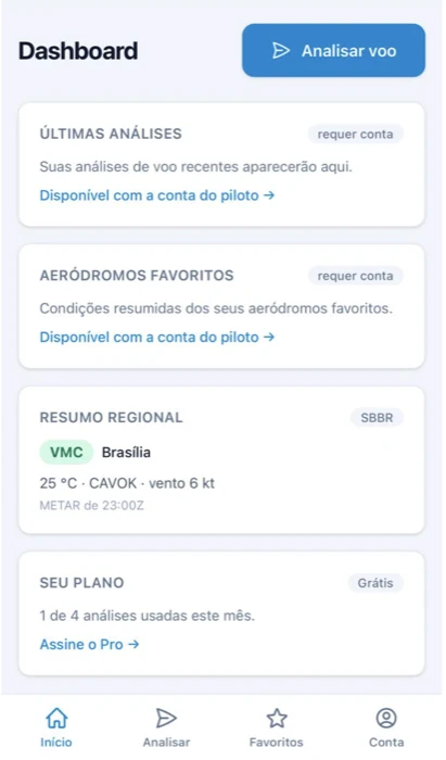 Mesma tela de dashboard do Flight Decision, adaptada para celular com navegação inferior